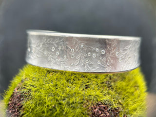 Sterling Silver Cuff with Roll Print Leaf Texture and Diamonds