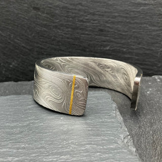 Wide Damascus Steel Cuff with Gold Inlay