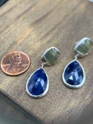 Chartreuse and Navy Blue Rose Cut Sapphire Post Dangles