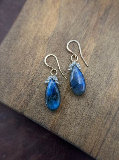 Long Labradorite Caviar Dew Drop Earrings