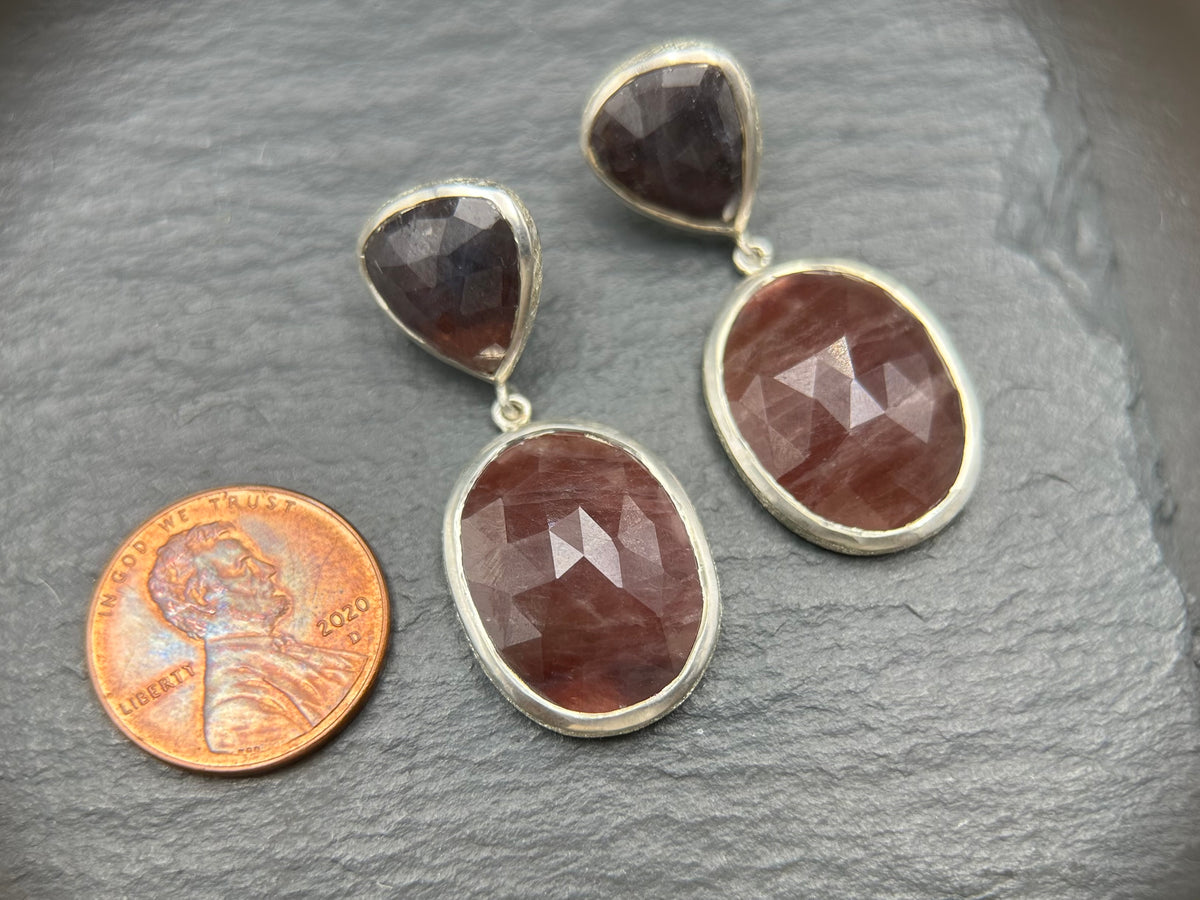 Deep Indigo and Latte Rose Cut Sapphire Silver Earrings