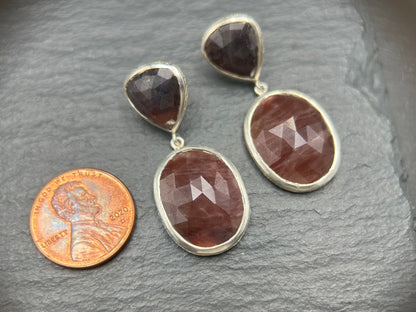 Deep Indigo and Latte Rose Cut Sapphire Silver Earrings