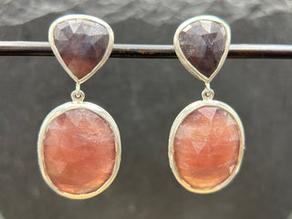 Deep Indigo and Latte Rose Cut Sapphire Silver Earrings