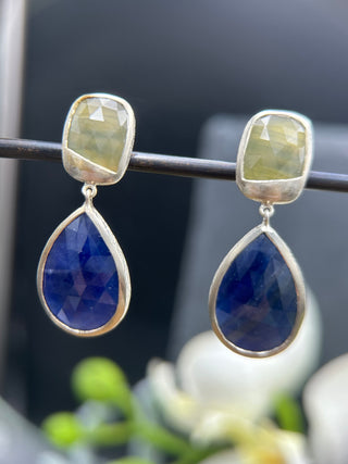 Chartreuse and Navy Blue Rose Cut Sapphire Post Dangles