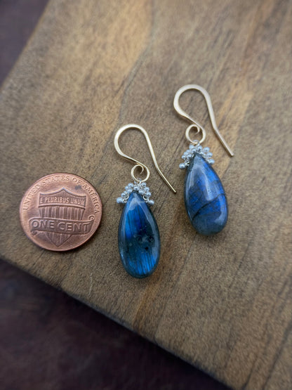 Long Labradorite Caviar Dew Drop Earrings
