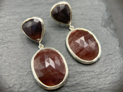 Deep Indigo and Latte Rose Cut Sapphire Silver Earrings