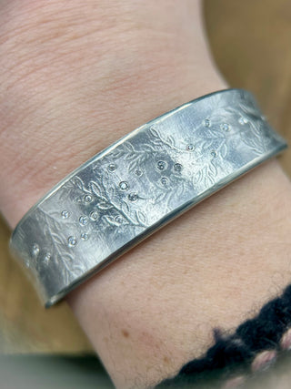 Sterling Silver Cuff with Roll Print Leaf Texture and Diamonds