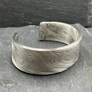 Wide Damascus Steel Cuff with Gold Inlay