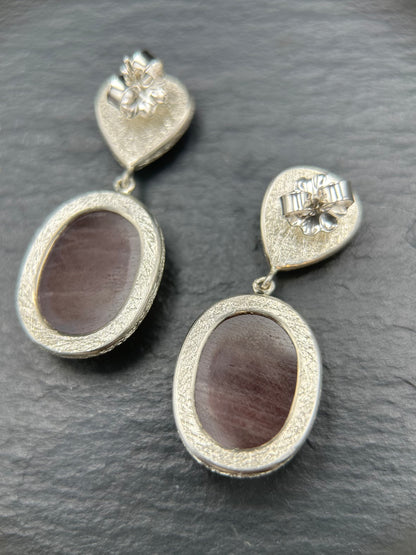 Deep Indigo and Latte Rose Cut Sapphire Silver Earrings