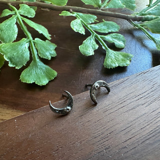 Tiny Crescent Moon Studs in Silver