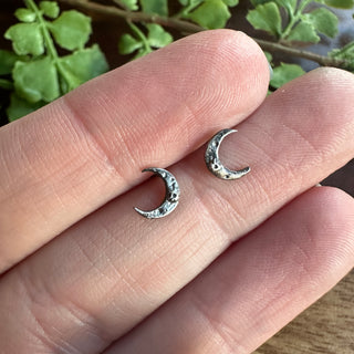 Tiny Crescent Moon Studs in Silver