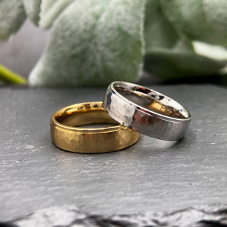 Narrow Stepped Rails Ring, Slightly Rounded - Hammered Texture