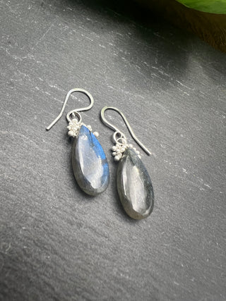 Long Labradorite Caviar Dew Drop Earrings