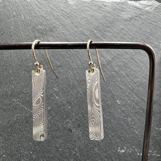 Damascus Rectangle Dangles with Gold Earwire