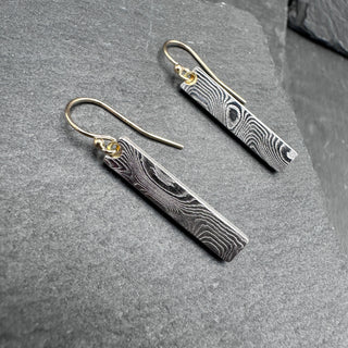Damascus Rectangle Dangles with Gold Earwire