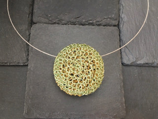 Crochet Disk Necklace- Gold and Cyan