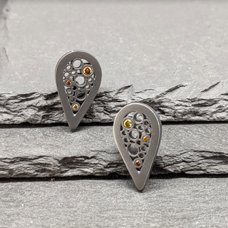 Oxidized Sterling Silver Teardrop Stud Earrings With Multicolored Diamonds